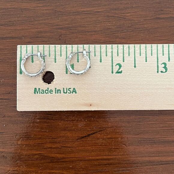 Vintage Silver Tone Huggie Earrings Clear Rhinestone Latch Closure 10mm Hoops - Picture 7 of 8